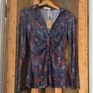NATURAL LIFE Blue Floral Ruched Blouse